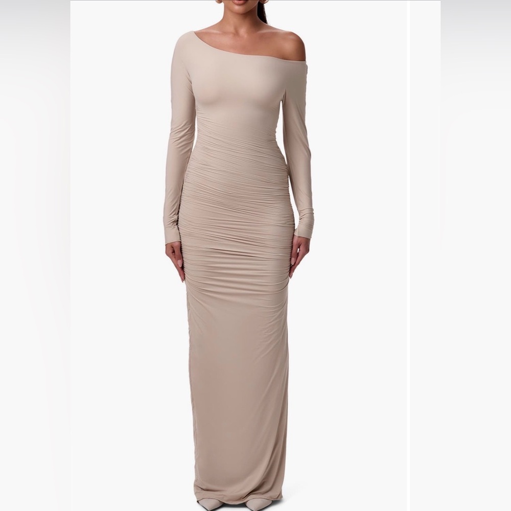 Naked wardrobe Ruched off the shoulder long sleeve maxi dress